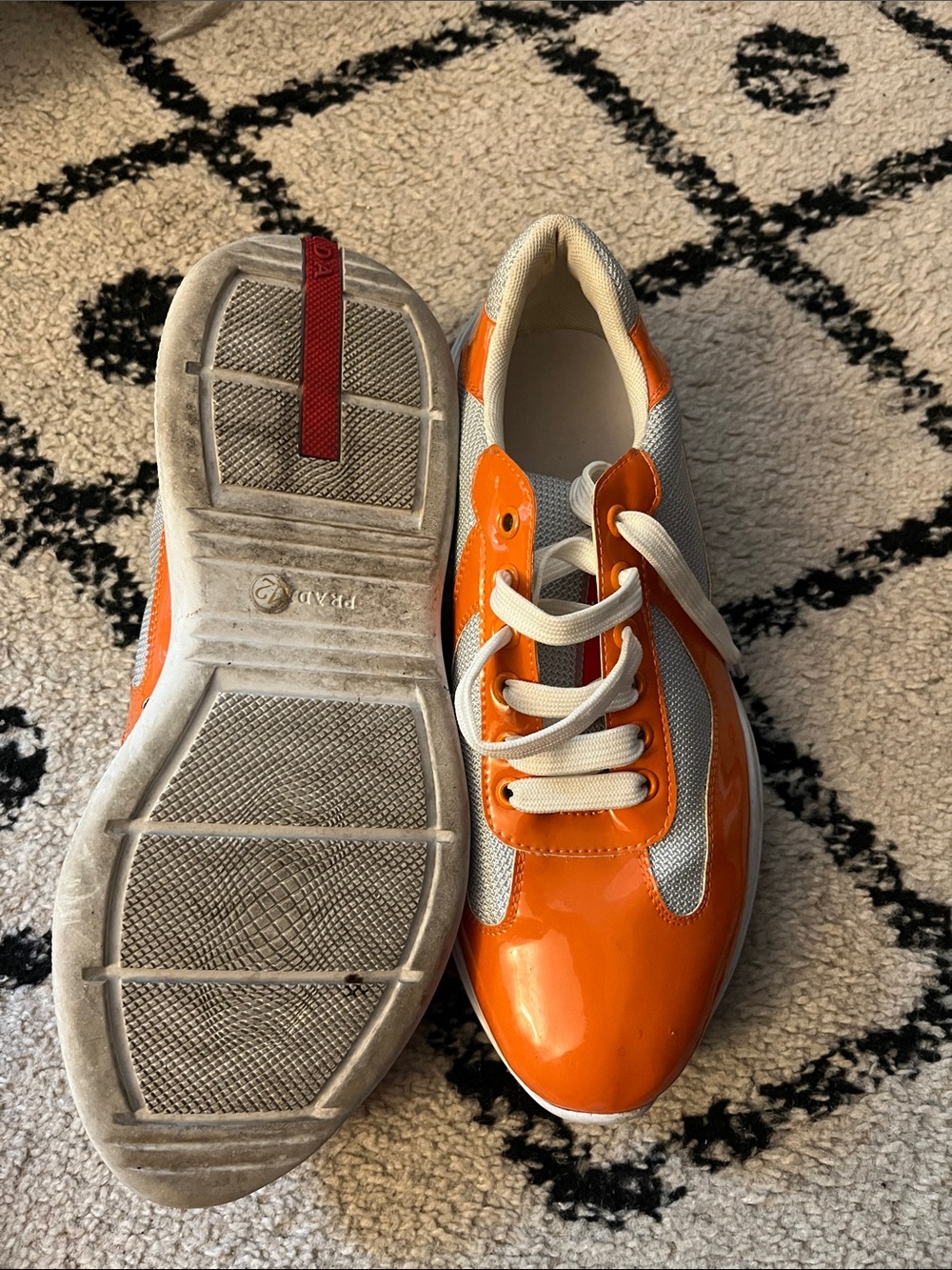Prada Orange Patent Leather & Gray Mesh Sneakers - Picture 2 of 2